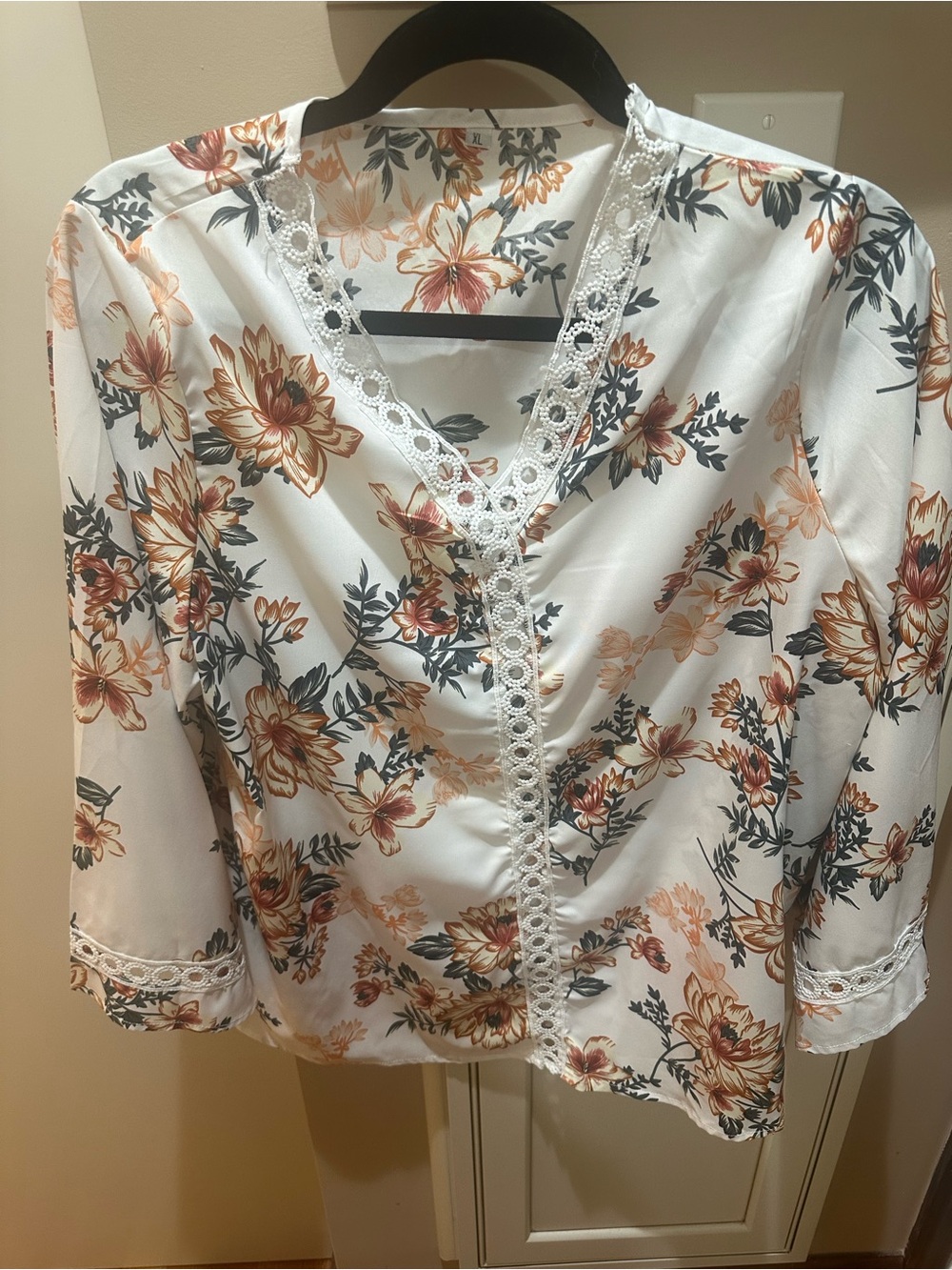 SHEIN White Blouse with Brown Floral Print and Crochet Trim